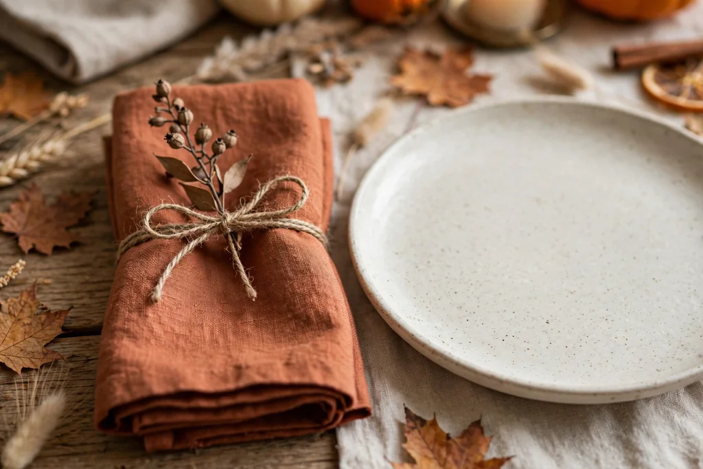 Folded rust linen napkin wrapped with twine and a small dried sprig beside a plate on a Thanksgiving table.