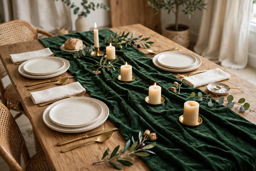 Deep green velvet runner on a dining table with brass flatware, cream plates, and short cream candles.
