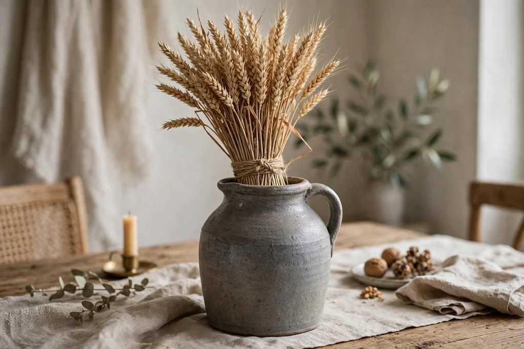 Bundle of dried wheat stems tied with twine standing in a heavy stoneware jug on a dining table.