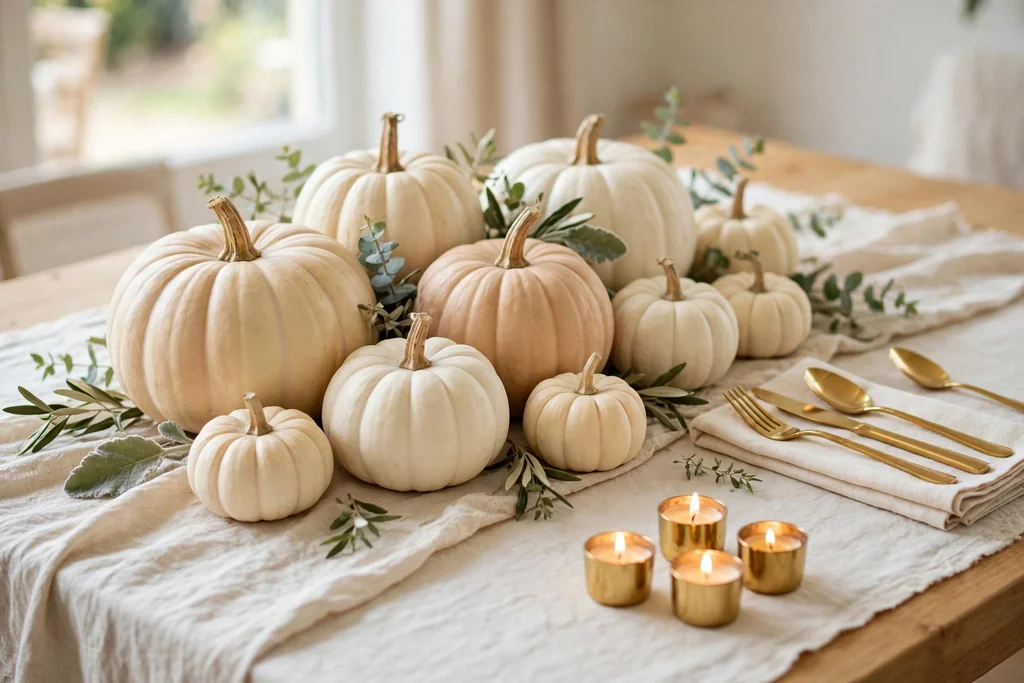 White and cream pumpkins grouped on cream linen with gold flatware and small gold candle holders on a bright dining table.