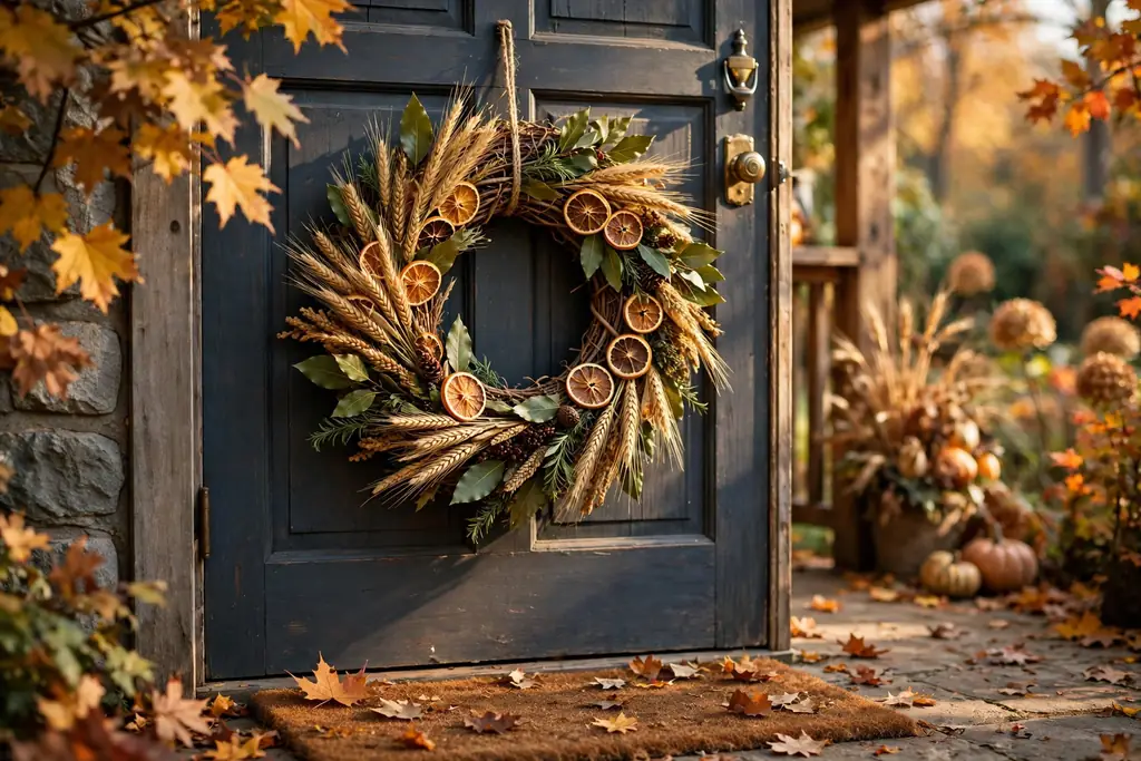 Thanksgiving wreath with wheat, dried orange slices, and bay leaves on a front door.