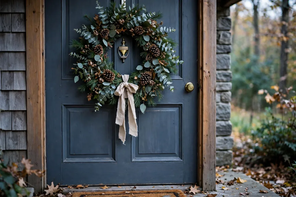 Thanksgiving wreath with eucalyptus, pine branches, and pinecones.