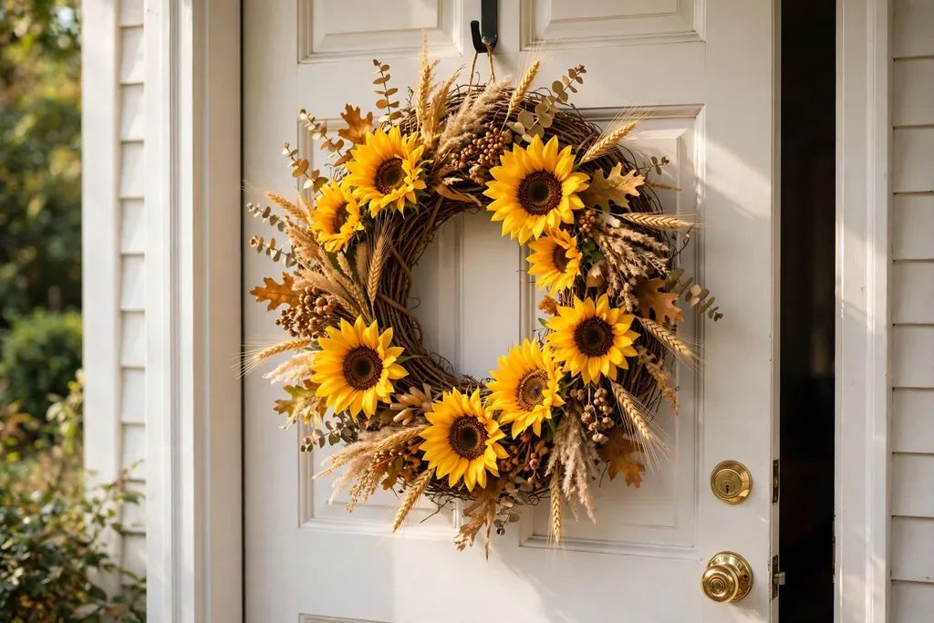 Thanksgiving wreath with sunflowers and wheat in gold tones.