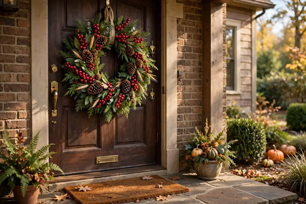 Thanksgiving wreath with cranberries, evergreen branches, and pinecones.