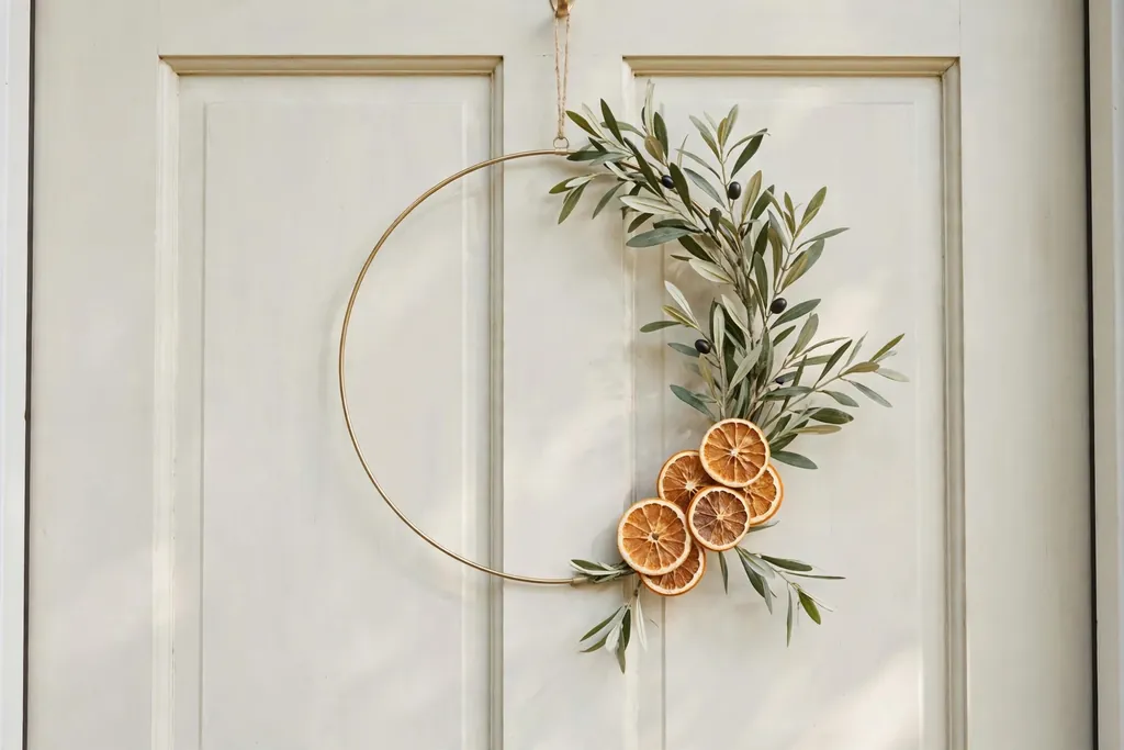 Minimal Thanksgiving hoop wreath with olive branches and dried citrus slices.