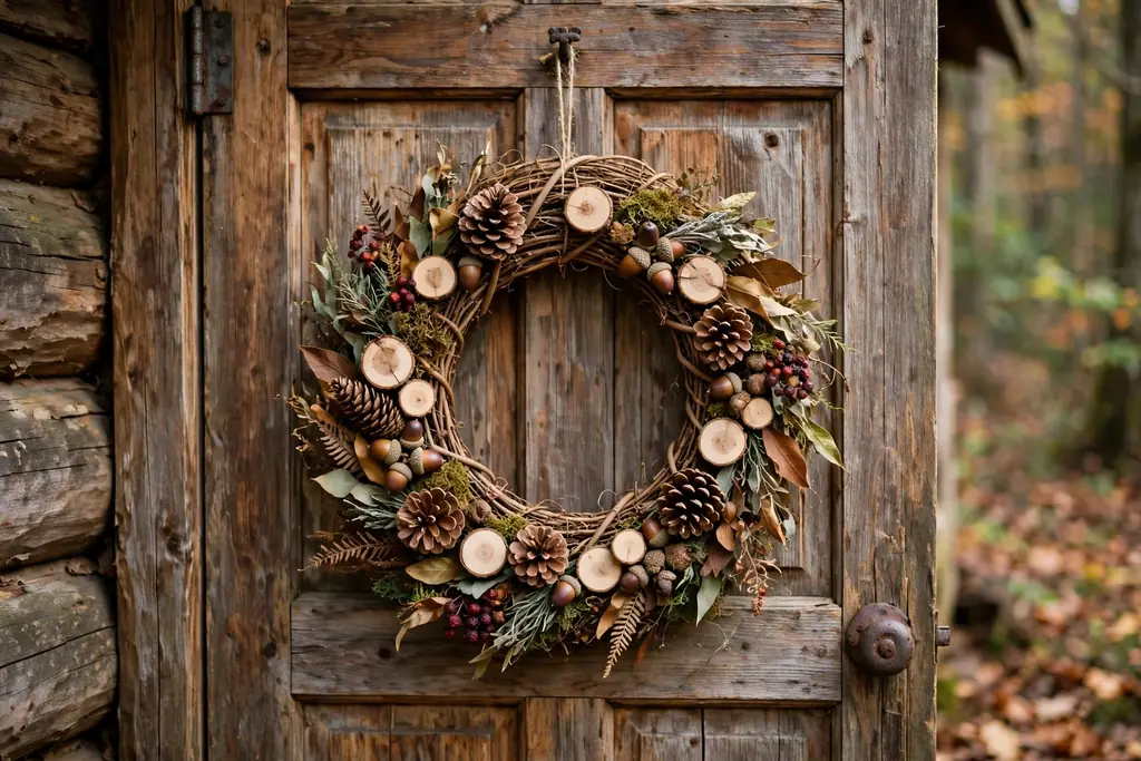 Woodland Thanksgiving wreath with wood slices, acorns, and pinecones.