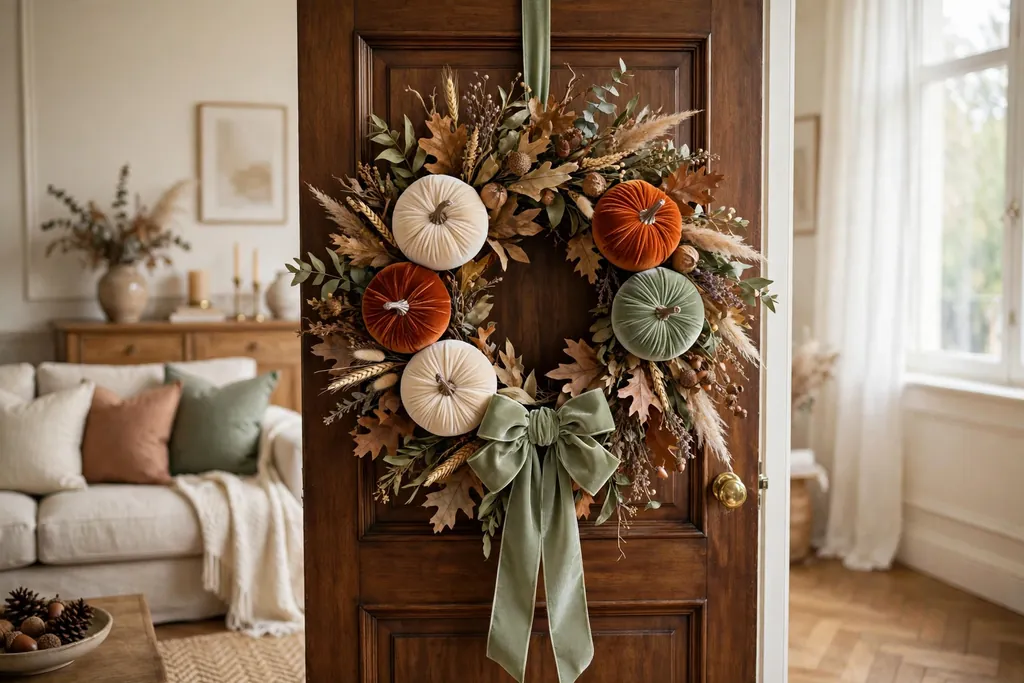 Elegant Thanksgiving wreath with velvet pumpkins and velvet ribbon.