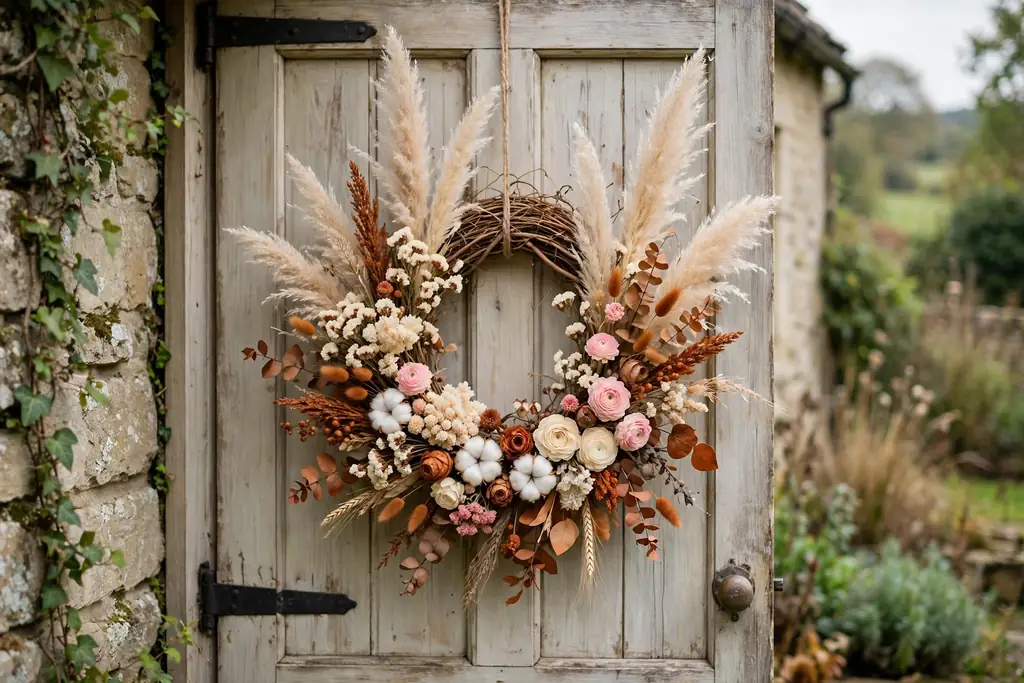 Thanksgiving wreath with dried flowers and pampas grass plumes.