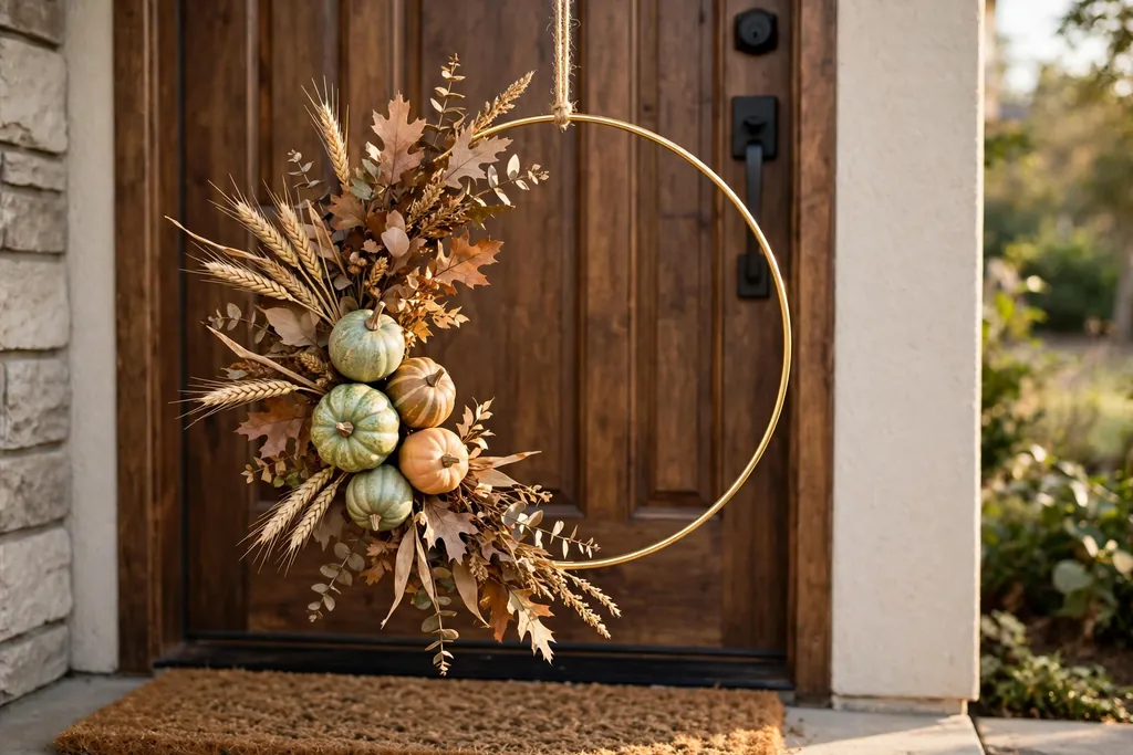 Thanksgiving hoop wreath with mini gourds and dried leaves.