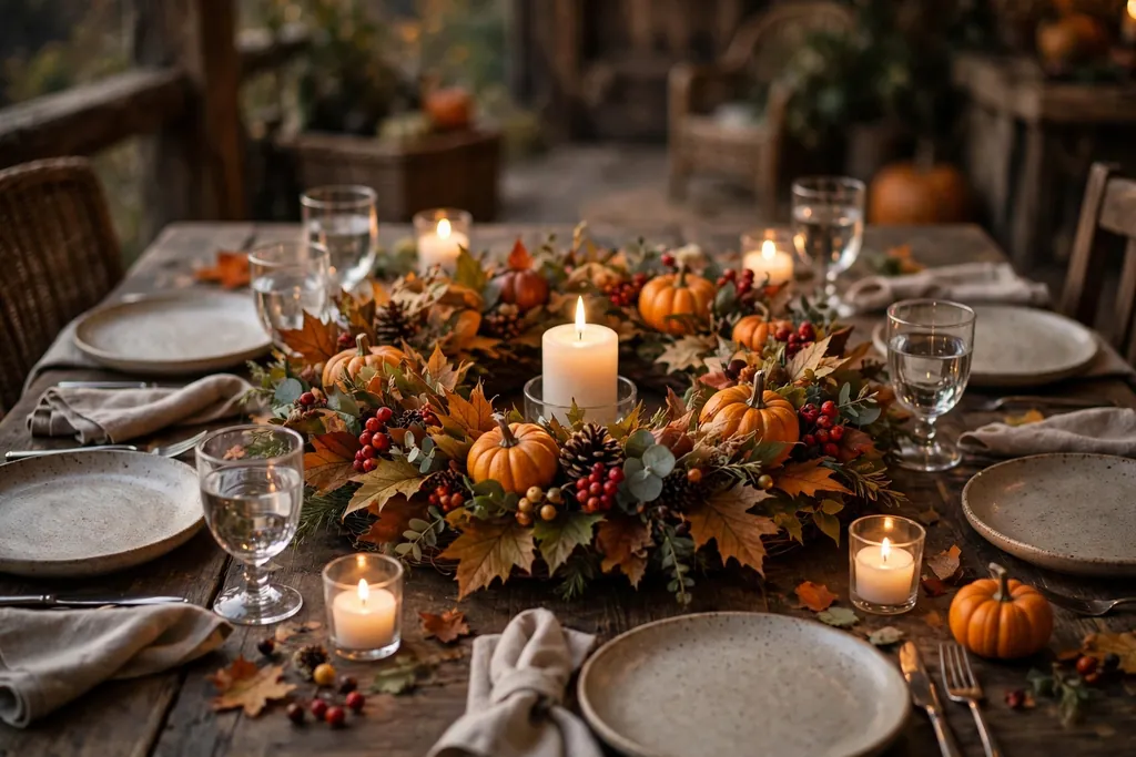 Thanksgiving table centerpiece wreath with a candle in the center.