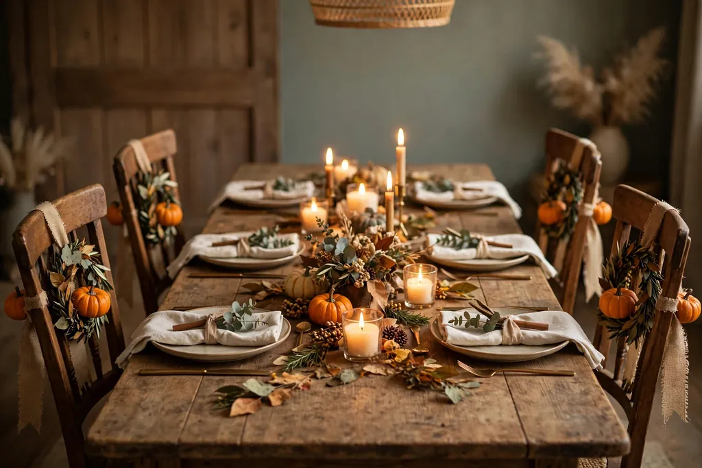 Mini Thanksgiving wreaths tied with ribbon to dining chair backs.