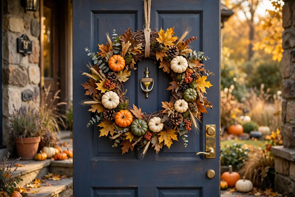 Thanksgiving wreath with mini pumpkins and pinecones on a grapevine base.