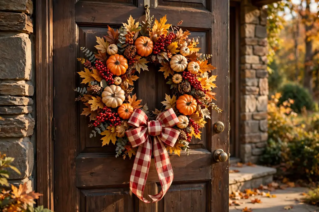 Thanksgiving wreath with faux pumpkins, berries, and a plaid bow.