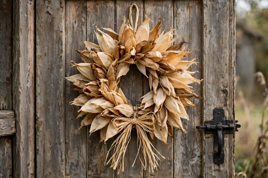 Thanksgiving wreath made of dried corn husks tied with raffia.