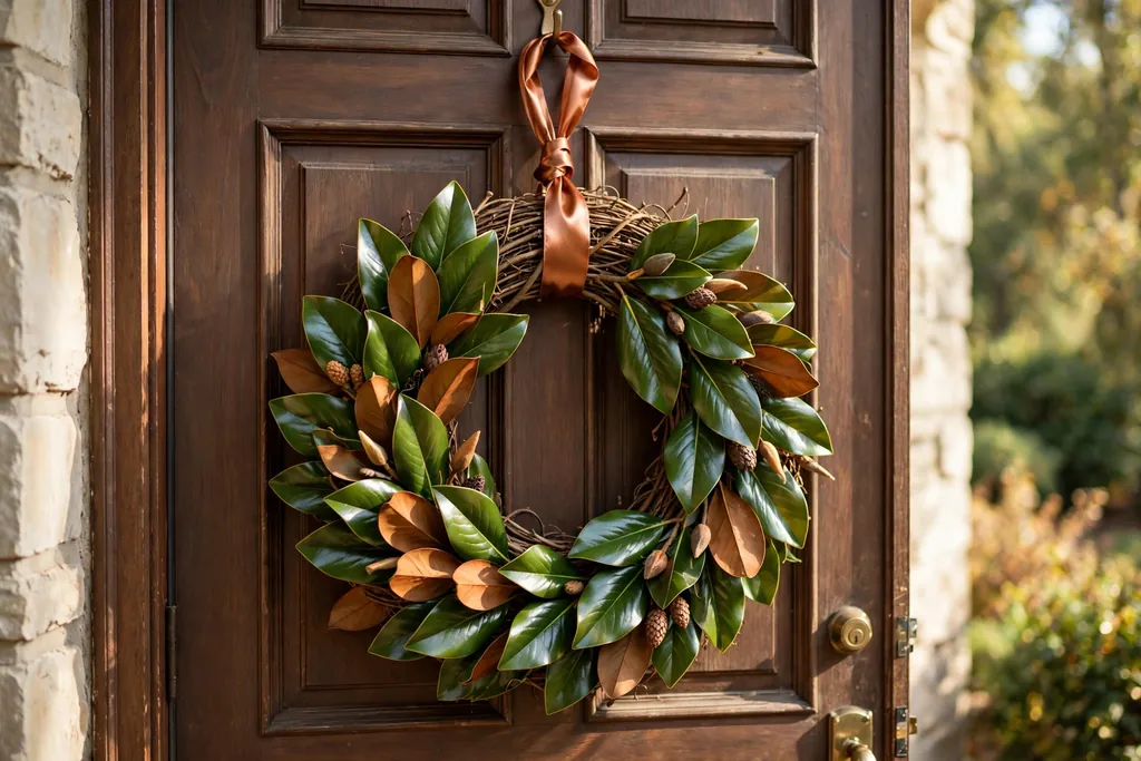 Thanksgiving wreath of magnolia leaves with a copper ribbon.