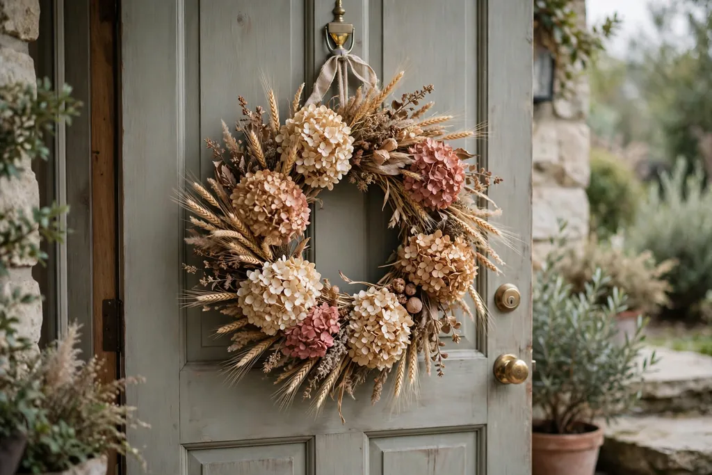 Thanksgiving wreath with dried hydrangeas and wheat in muted neutrals.