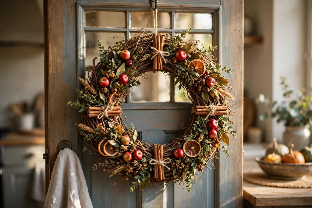 Thanksgiving wreath with faux apples, cinnamon sticks, and dried orange slices.