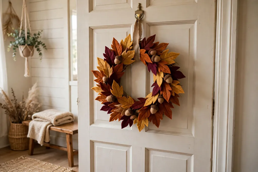 Thanksgiving craft wreath made of felt leaves and acorns.