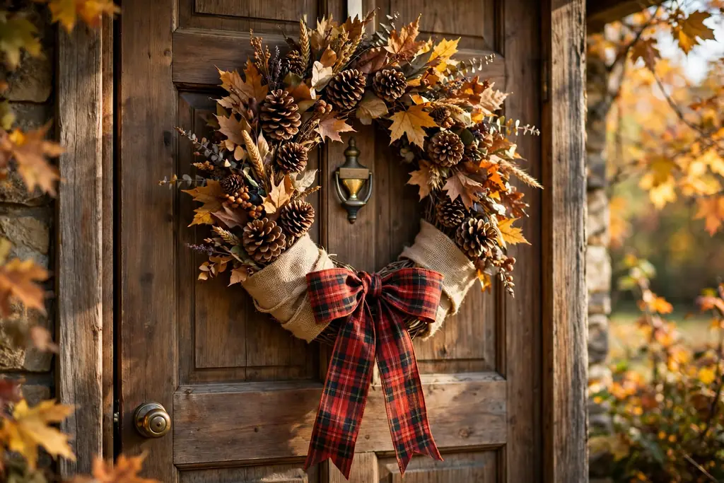 Rustic Thanksgiving wreath wrapped in burlap with plaid ribbon and pinecones.