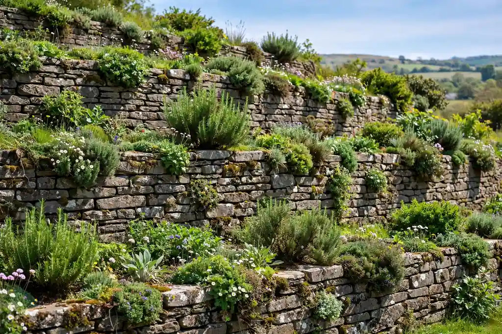 Terraced garden levels held by dry stone retaining walls with green plants and small flowers along the wall tops