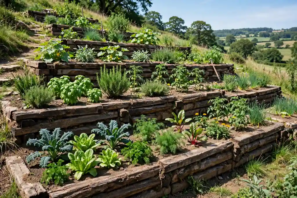 Terraced garden built with stacked wooden timber sleepers forming stepped soil beds with vegetables and herbs