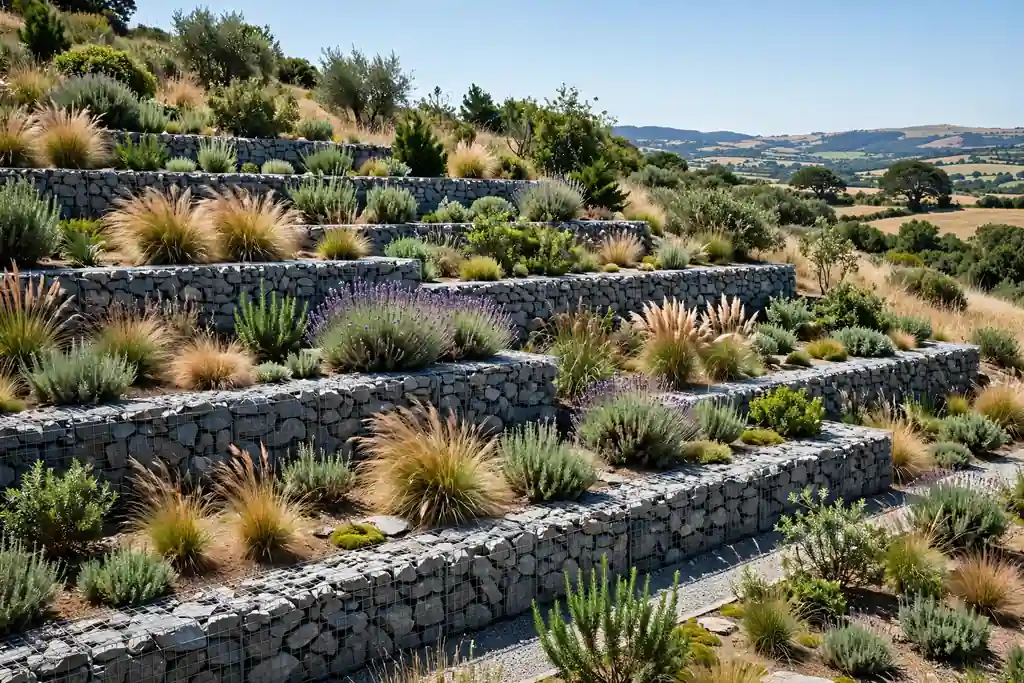 Modern terraced garden slope with gabion walls of wire cages filled with grey stones and grasses on each level