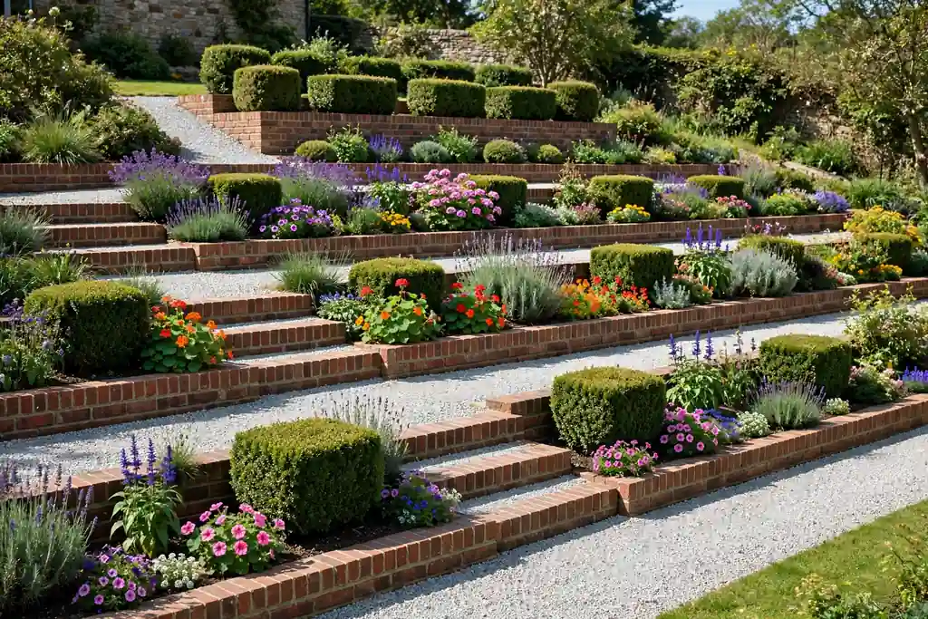Tidy terraced front garden with low brick edging along each level gravel paths and colorful flowers