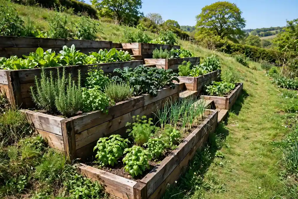 Wooden raised beds stepping down a garden slope like a staircase planted with green vegetables and herbs