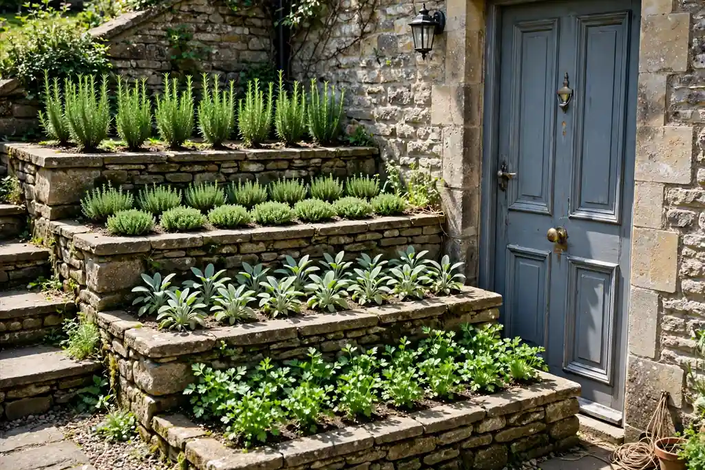 Small terraced herb garden beside a house door with stone tiers planted with rosemary thyme sage and parsley