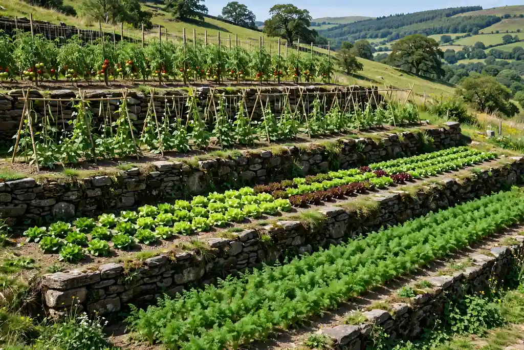 Terraced vegetable garden on a slope with each level planted with different crops in neat rows