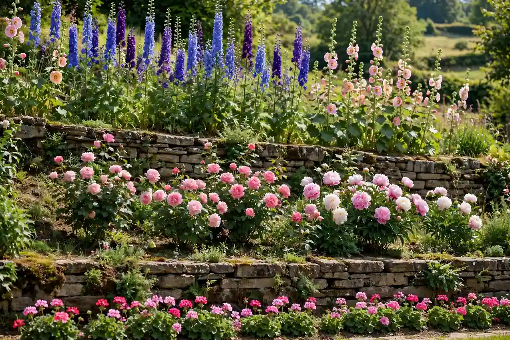 Terraced flower border on a slope with tall flowers on top roses in the middle and low geraniums at the front