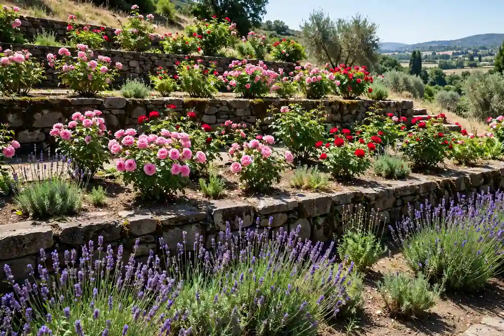 Sunny terraced rose bed with pink and red shrub roses in bloom and lavender planted in front