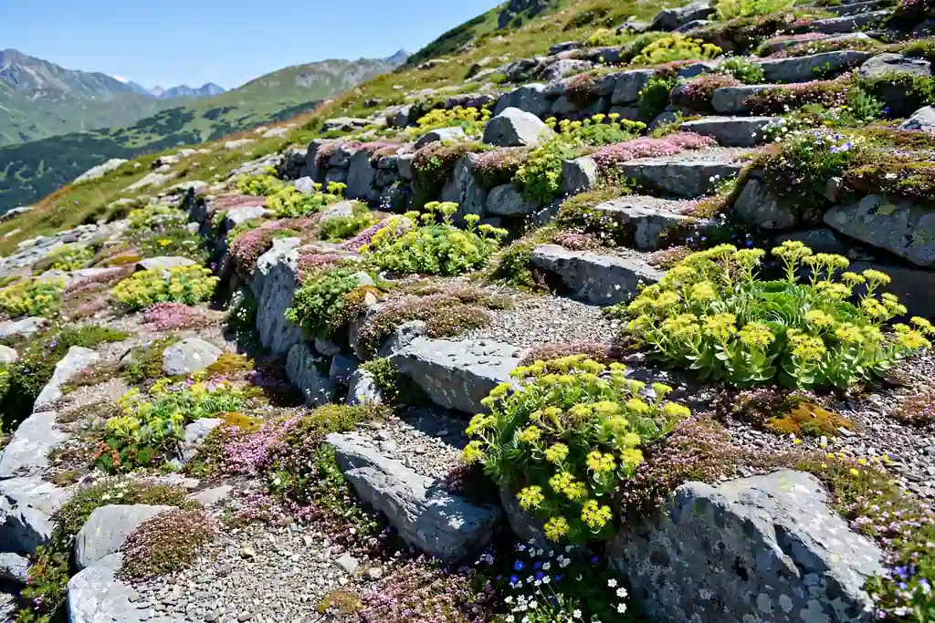 Terraced rock garden on a sunny slope with large grey stones small alpine flowers and creeping thyme