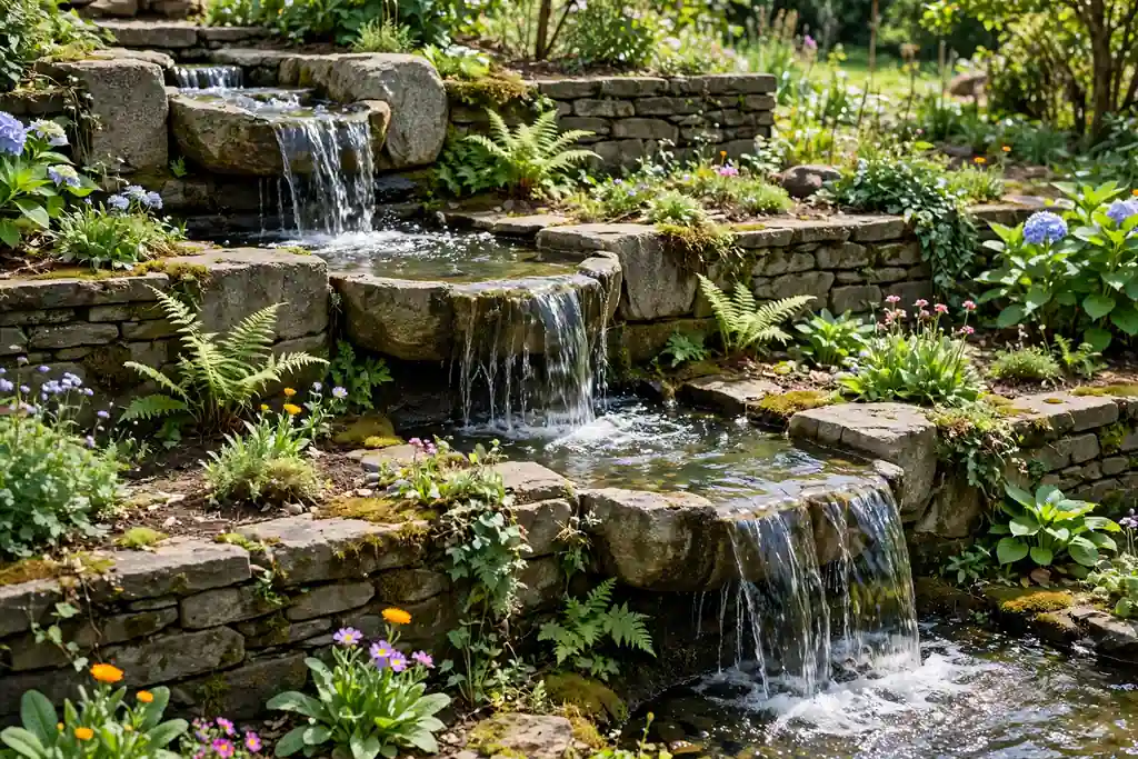 Small cascading water feature running down terraced garden levels with stone basins ferns and flowers