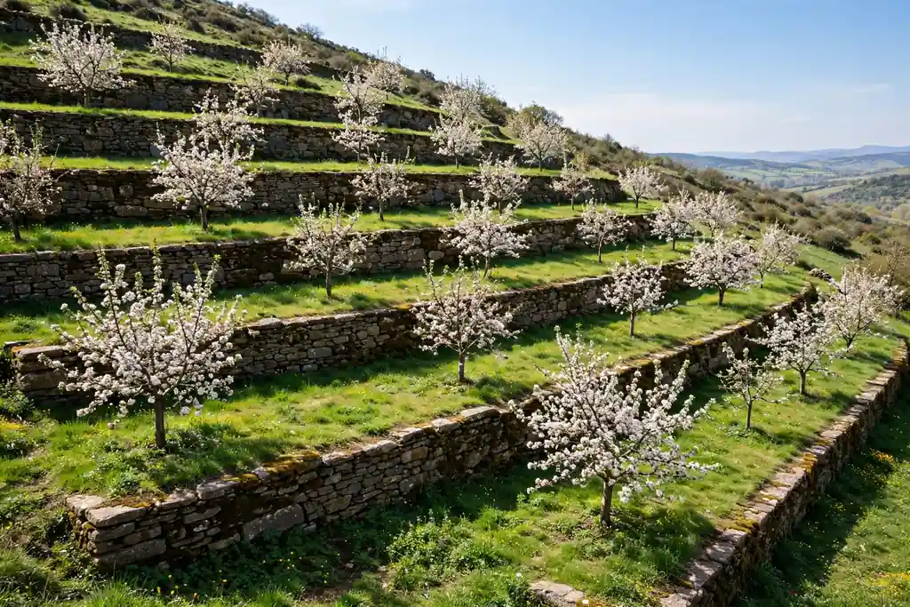 Terraced orchard on a sunny slope with small fruit trees in blossom on level grass terraces
