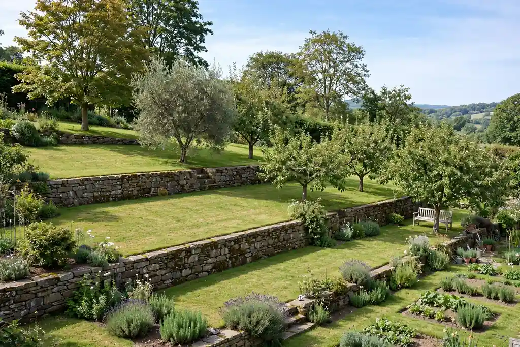 Wide grass terraces cut into a gentle garden slope with flat lawn levels and low stone edges
