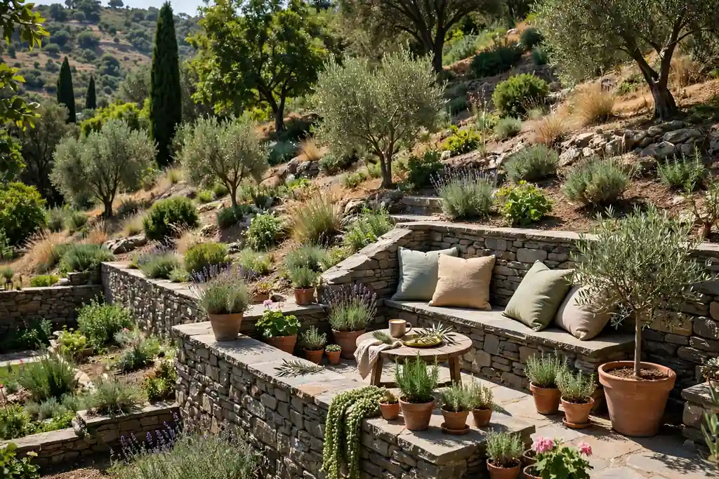 Terraced patio seating area built into a garden slope with a low stone wall bench cushions and potted plants