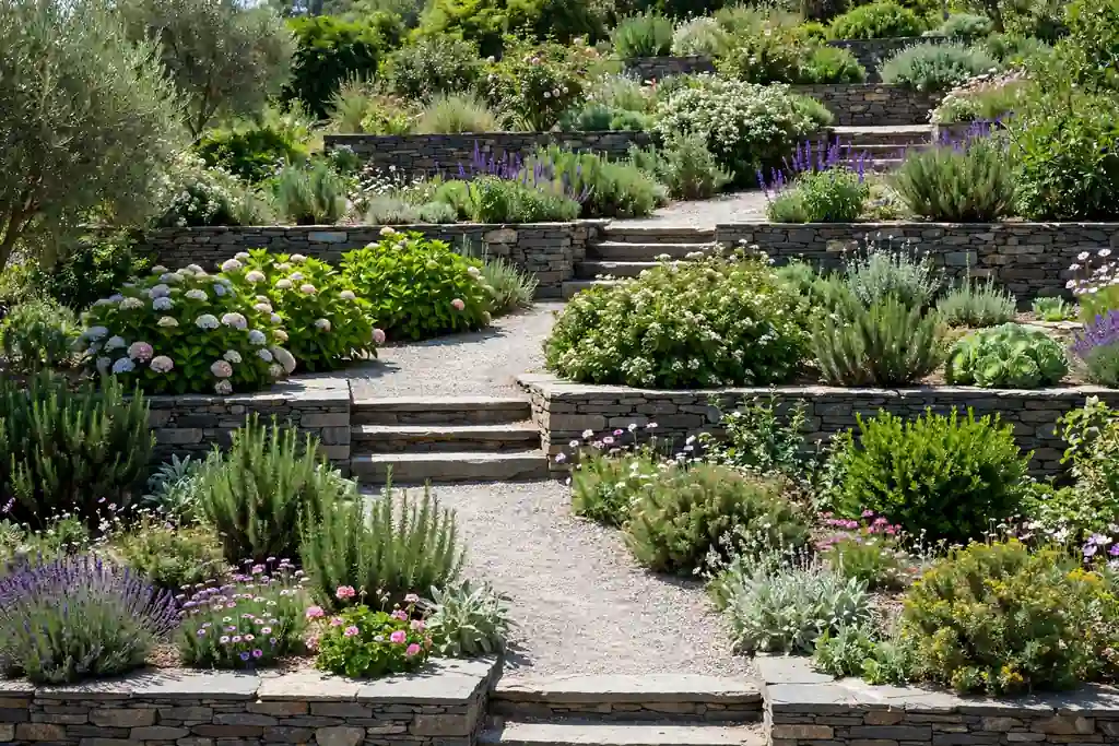 Gravel garden path with stone steps and flat landings linking terraced garden levels with flowers beside it