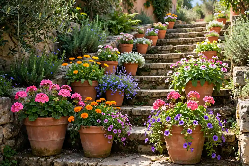 Terracotta containers with colorful flowers stacked on outdoor garden steps large pots below and small pots above