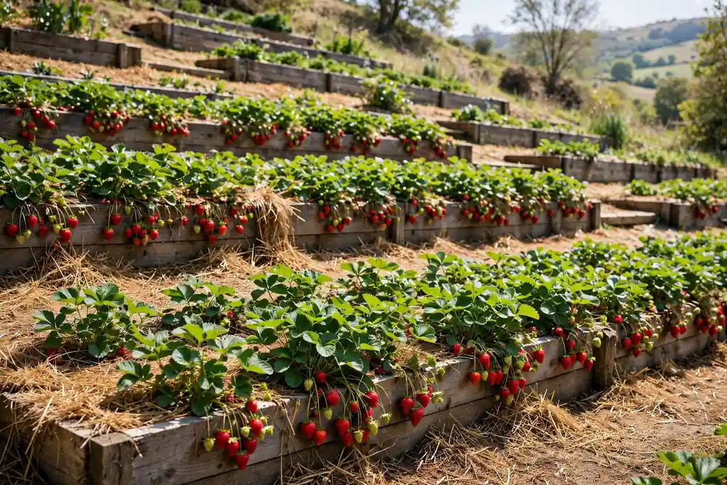 Strawberry plants growing on terraced garden levels with red strawberries hanging over wooden bed edges