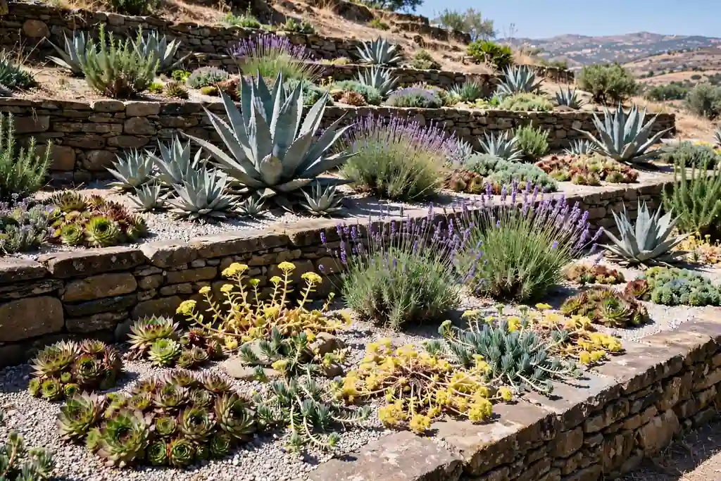 Dry sunny terraced succulent garden with low stone levels agaves sedums and lavender on gravel