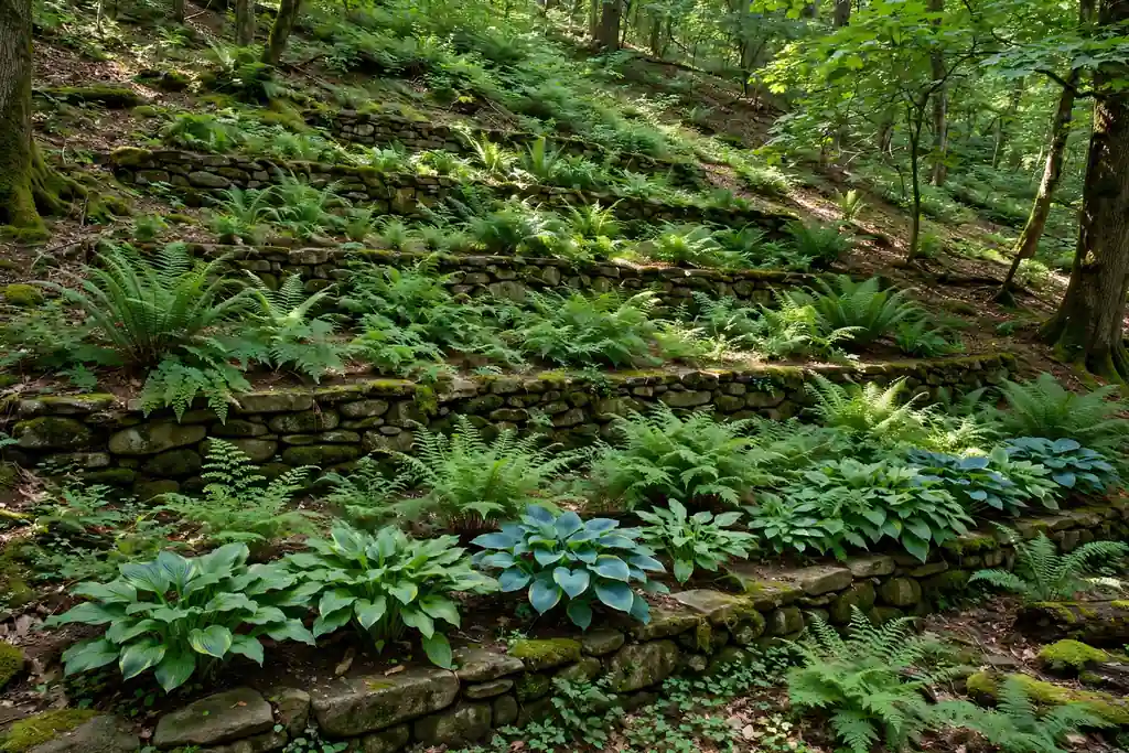 Shaded terraced fern garden on a woodland slope with lush green ferns and hostas on stone edged level beds