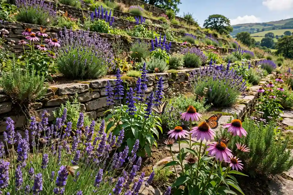 Terraced pollinator garden on a slope with lavender coneflowers and salvia in bloom visited by bees and butterflies