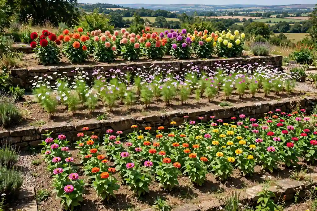 Terraced cutting garden with neat rows of zinnias cosmos and dahlias in bright colors on a sunny level bed