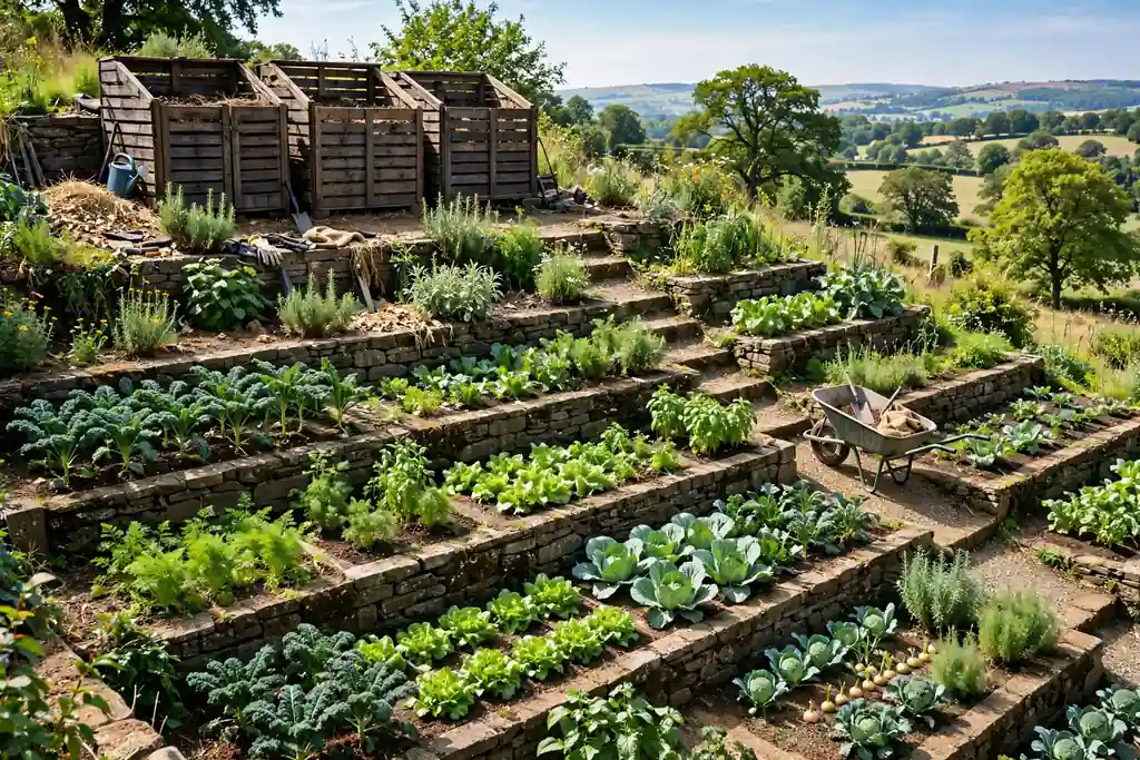 Wooden compost bins at the top of a terraced kitchen garden with stepped vegetable beds below and a wheelbarrow on the path