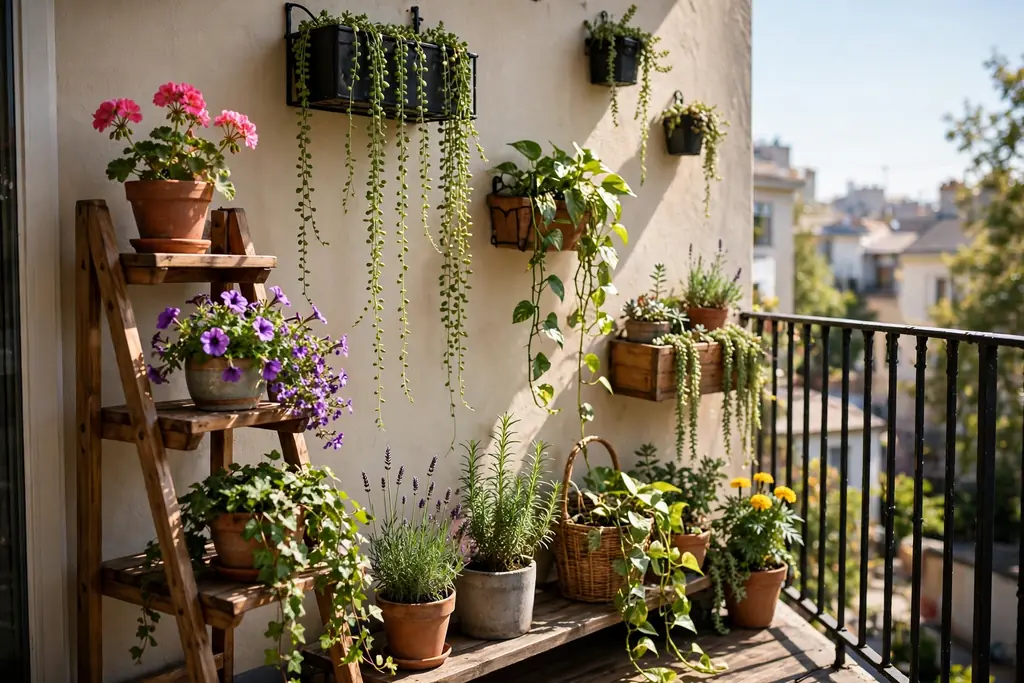 Small balcony garden with tiered plant stands and wall planters at different heights holding potted flowers and trailing plants