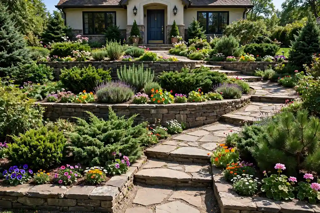 Terraced front yard with low stone levels evergreen shrubs and seasonal flowers beside a clear path to the front door