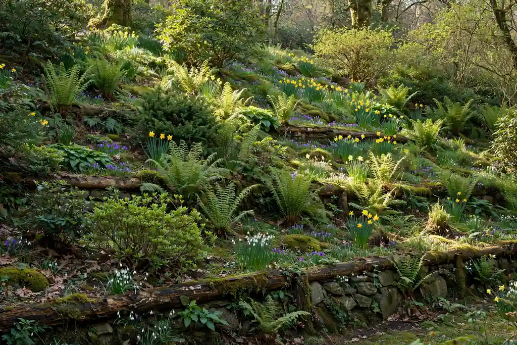 Gentle woodland garden slope with soft low tiers edged by logs and stone ferns shade shrubs and spring bulbs in drifts
