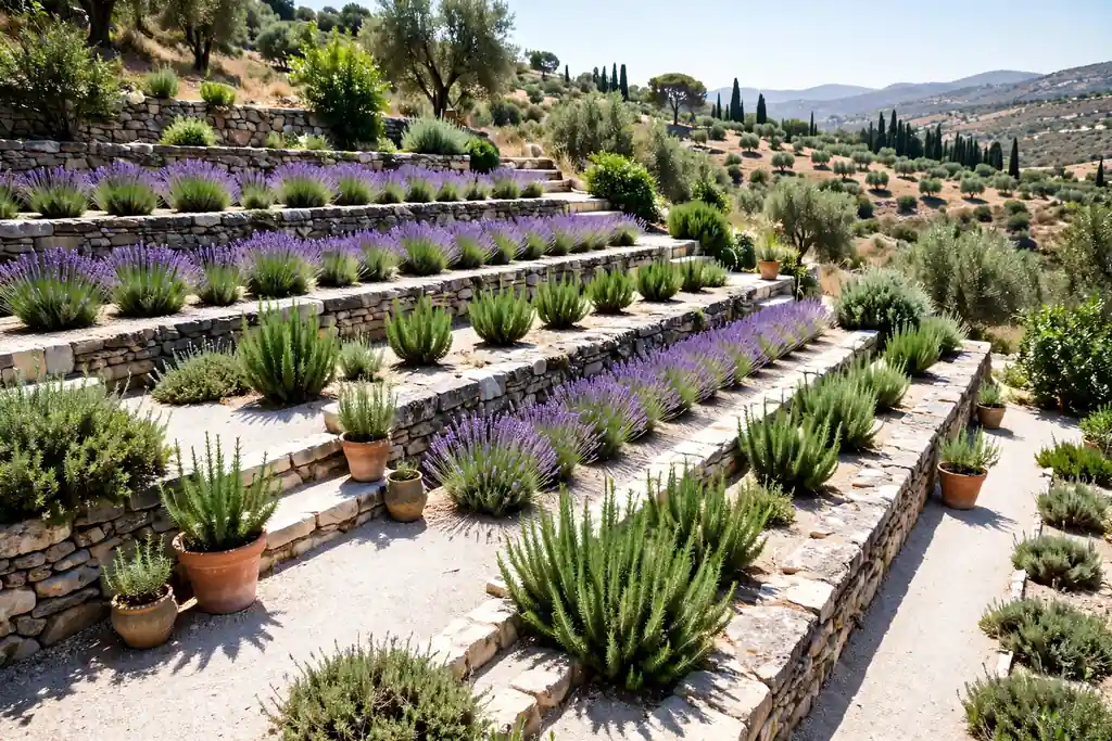 Terraced Mediterranean garden on a sunny slope with lavender rows rosemary terracotta pots and pale gravel levels