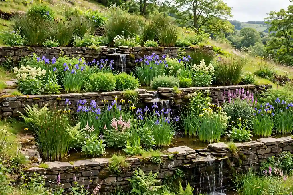 Terraced rain garden with shallow planted basins on each level rushes irises and moisture loving perennials